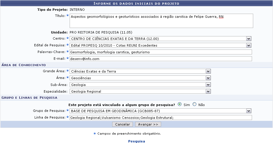 Figura 1: Informe os dados iniciais do projeto