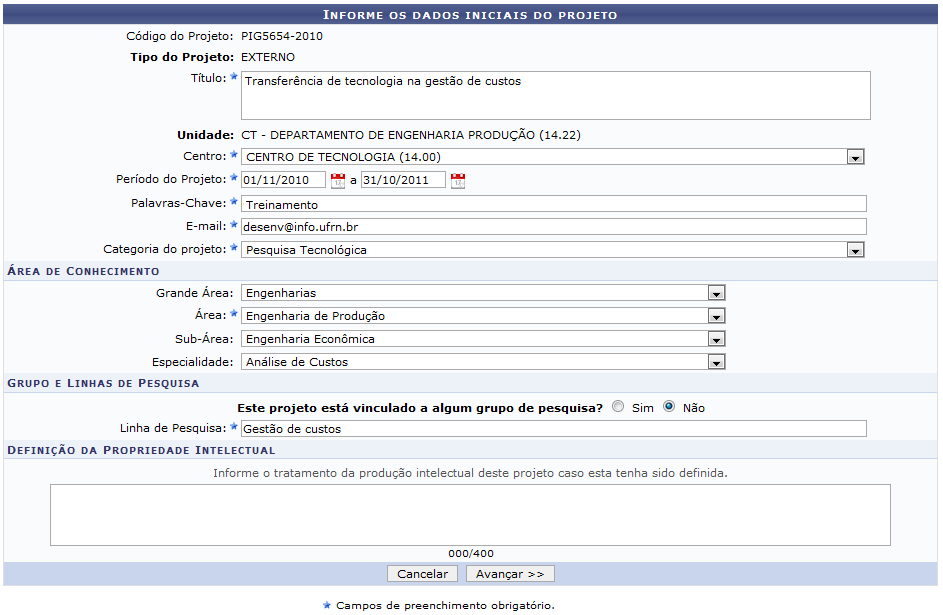 Figura 4: Informe os dados iniciais do projeto