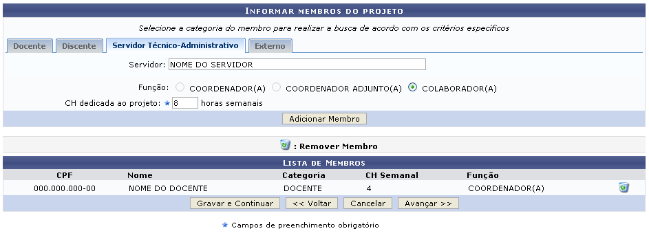 Figura 11: Informar membros do projeto/Servidor Técnico-Administrativo